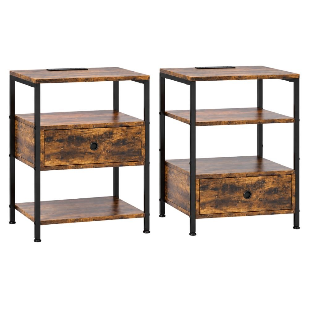 HOMCOM Set of 2 Side Tables With Charging Stations and LED Lights