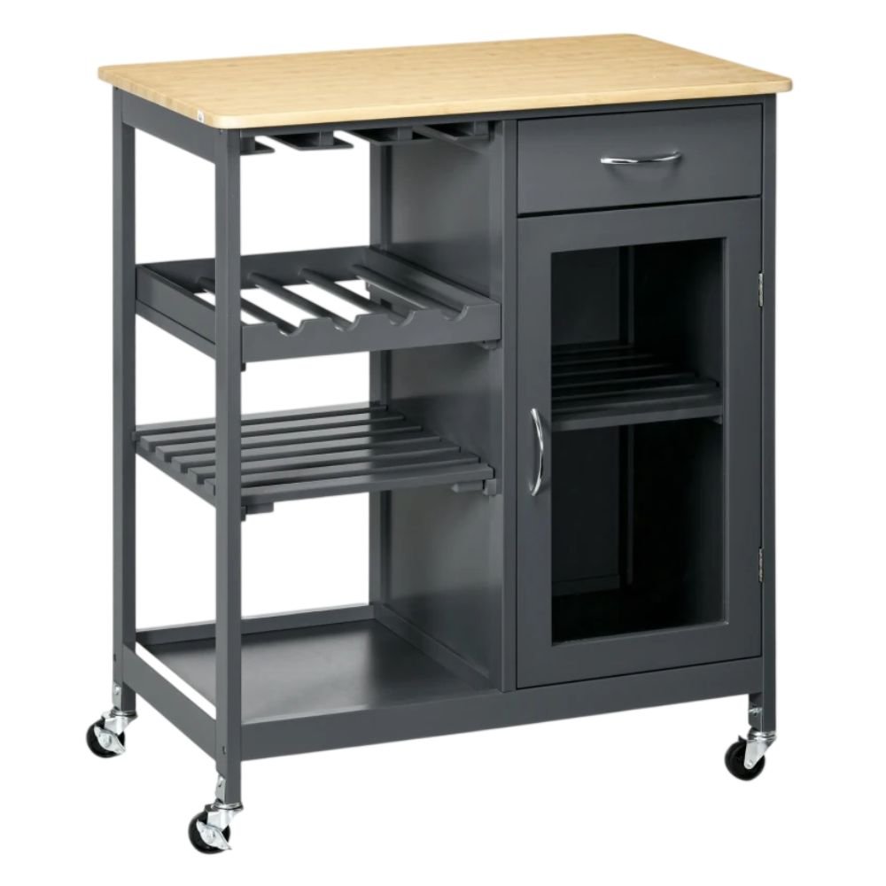 HOMCOM Rolling Bar Cart With Wine Rack and Cabinet