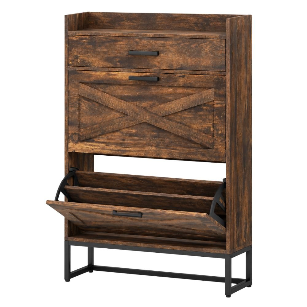 HOMCOM Slim Shoe Cabinet With 2 Flip Drawers, Rustic Brown