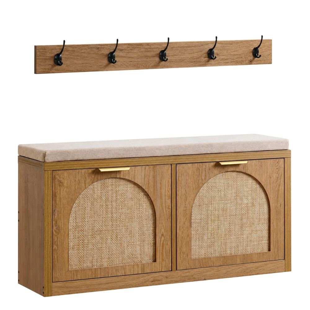 WINWY Rattan Entryway Bench With Flip Drawers and Coat Rack