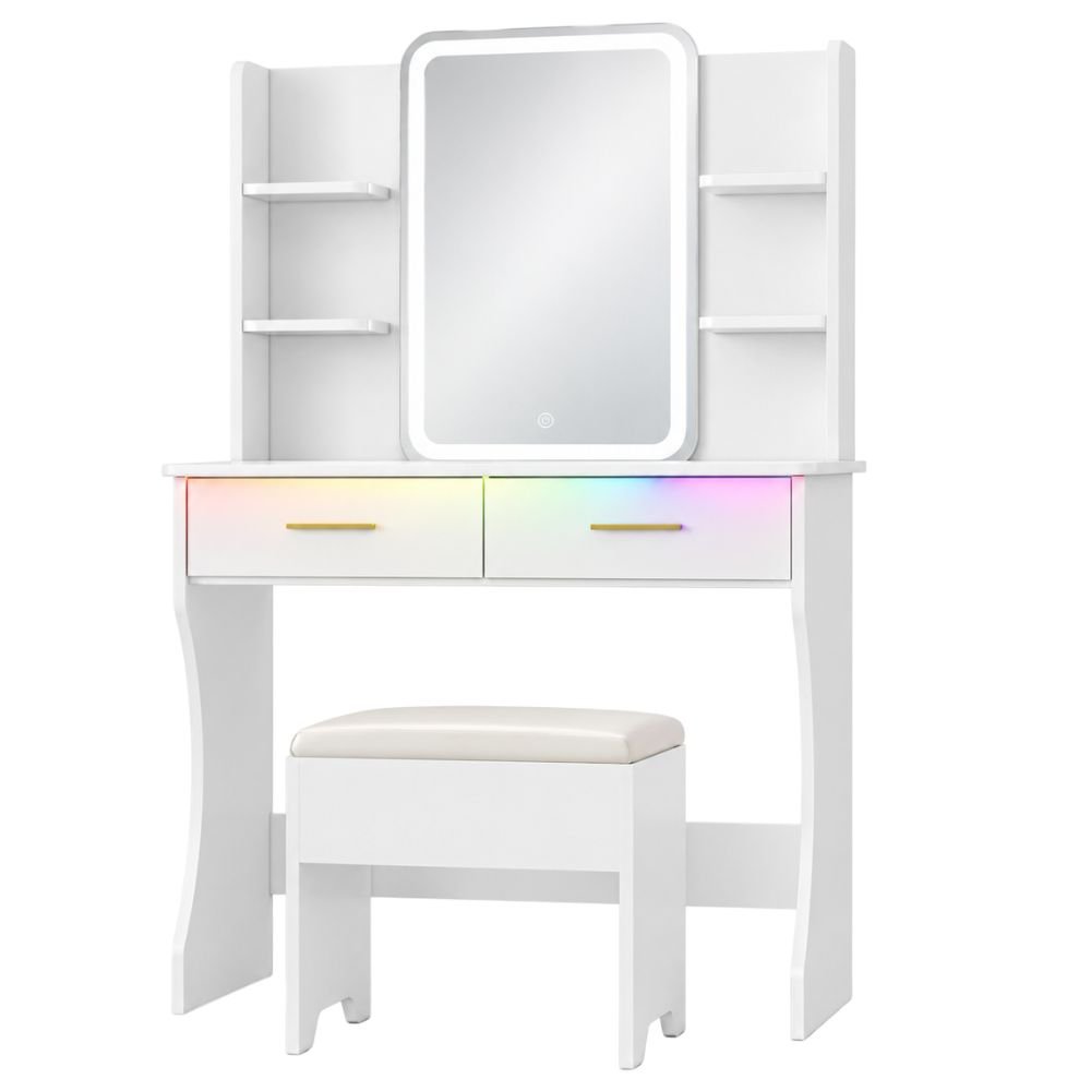 Xixini Vanity Desk With LED Mirror, Outlet, and Chair